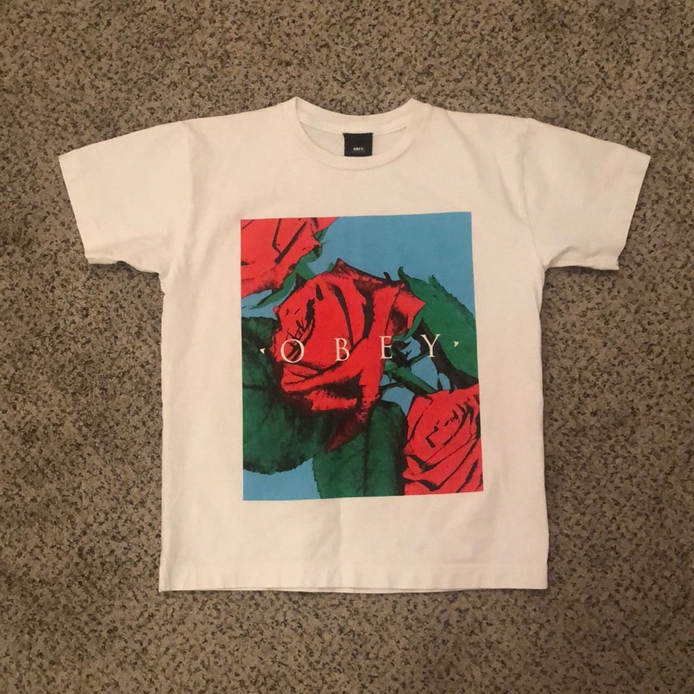 Obey White Tee with Red and Green Graphic